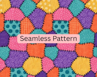 Colorful Patchwork Seamless Pattern, Quilted Fabric Digital Paper, Whimsical Stitched Textile JPG for Fabric, Scrapbook & Crafts