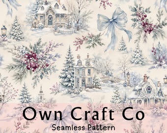 Winter Village Seamless Pattern, Blue Bow and Berry Digital Paper, Snowy Cottage Fabric Print, Elegant Christmas Textile and Wrapping Design