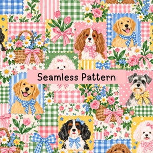 Floral Dog Seamless Pattern, Watercolor Puppy Patchwork Digital Paper, Pink Blue Gingham Fabric, Spring Cottagecore Wrapping Paper PNG & JPG