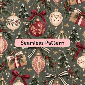 May include: A seamless pattern featuring watercolor illustrations of Christmas ornaments, pine trees, gift boxes, and red berries on a dark green background. The design includes gold stars, red and black-white striped bows, and festive baubles.