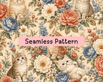 Kitten Floral Seamless Pattern, Vintage Botanical Digital Paper, Cute Cat Fabric Print, Cottagecore Flowers, Sublimation Background, PNG JPG