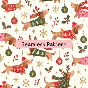 May include: A seamless pattern featuring watercolor illustrations of dachshunds wearing festive sweaters, hats, and reindeer antlers. The design includes red and green Christmas ornaments, gold snowflakes, and holly berries on a cream background.
