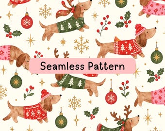 Christmas Dachshund Seamless Pattern, Watercolor Holiday Dog Digital Paper, Festive Sausage Dog Fabric, Wrapping Paper PNG JPG Textile Print