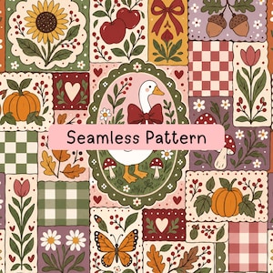 Naadloos herfstganzenpatroon, digitaal papier met herfstthema in volkskunststijl, patchwork met pompoenen, paddenstoelen en bloemen, stofprint, achtergronden voor scrapbooking en knutselprojecten.