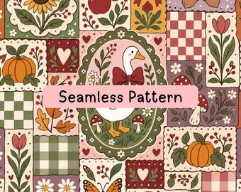Fall Goose Seamless Pattern, Folk Art Autumn Digital Paper, Pumpkin Mushroom Floral Patchwork, Fabric Print, Scrapbook and Craft Backgrounds
