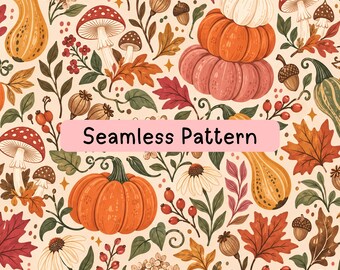 Autumn Pumpkin Mushroom Seamless Pattern, Cottagecore Fall Digital Paper, Woodland Gourds Leaves Fabric Print, Sublimation Background Design