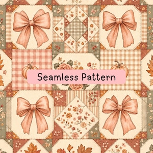 May include: A seamless pattern featuring a repeating grid of squares and diamonds. The design includes illustrations of peach-colored bows, orange pumpkins, autumn leaves, and floral arrangements in shades of cream, sage green, and rust orange.