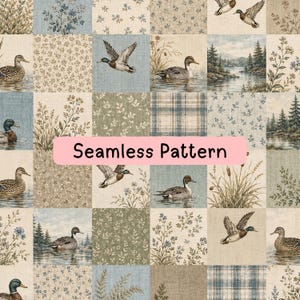 Mallard Duck Patchwork Seamless Pattern, Vintage Lake Cottage Digital Paper, Rustic Woodland Fabric, Wrapping Paper, Sublimation Repeat JPGs