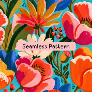 May include: A vibrant floral illustration featuring large red, orange, pink, and white flowers with green leaves on a bright turquoise background. A light pink rectangular banner in the center displays the text Seamless Pattern.