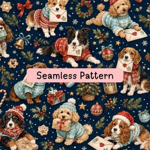 Christmas Dogs Seamless Pattern, Cozy Holiday Pet Digital Paper, Festive Puppy Fabric, Wrapping Paper, Sublimation Background, Two Scale JPG
