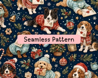 Christmas Dogs Seamless Pattern, Cozy Holiday Pet Digital Paper, Festive Puppy Fabric, Wrapping Paper, Sublimation Background, Two Scale JPG