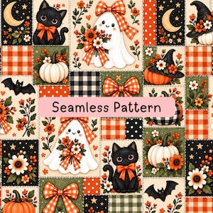 May include: A seamless pattern featuring a repeating grid of Halloween-themed illustrations including black cats with orange bows, white ghosts holding flower bouquets, orange pumpkins, bats, and orange plaid bows on cream, black, and green backgrounds.
