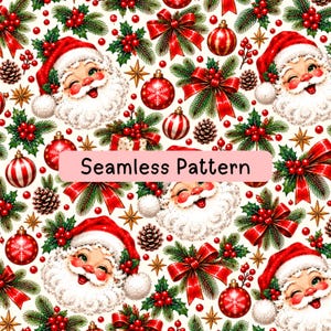 Vintage Santa Seamless Pattern, Vintage Christmas Digital Paper, Candy Cane Holly Ornament Fabric Print, Sublimation, Wrapping Paper PNG JPG