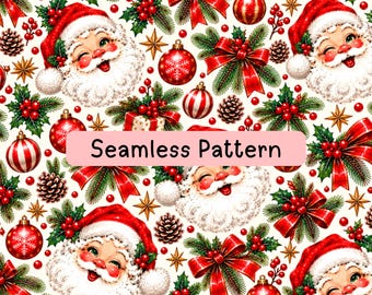 Vintage Santa Seamless Pattern, Vintage Christmas Digital Paper, Candy Cane Holly Ornament Fabric Print, Sublimation, Wrapping Paper PNG JPG