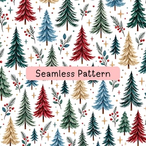 May include: A seamless pattern featuring a variety of illustrated evergreen trees in shades of red, blue, green, and gold, interspersed with small sprigs of red berries and gold star accents on a white background with the text Seamless Pattern.