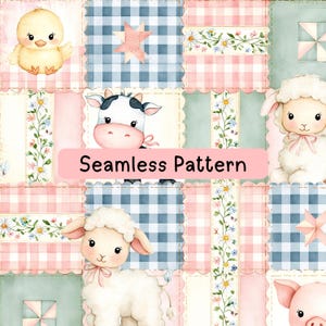 Op de afbeelding: Een naadloos patroon met aquarelillustraties van een geel kuikentje, een zwart-witte koe en witte lammetjes, afgewisseld met roze vichy, blauwe ruitjes en bloemrijke rankranden. De tekst Seamless Pattern staat in het midden in het roze.