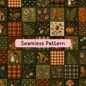 May include: A seamless pattern featuring a grid of squares with autumn-themed illustrations including mushrooms, pumpkins, acorns, ferns, blackberries, and plaid or gingham prints. The text Seamless Pattern is centered in a light pink rectangle.