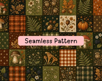 Autumn Woodland Patchwork Seamless Pattern, Vintage Mushroom Floral Digital Paper, Cottagecore Fall Fabric, Scrapbook & Wrapping Art PNG JPG