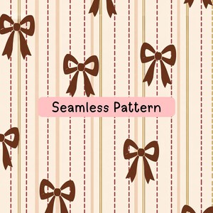 Puede incluir: Un patrón continuo con lazos de color marrón oscuro sobre un fondo crema claro con rayas verticales en tonos beige alternos y líneas granates discontinuas. Una etiqueta rosa muestra el texto Seamless Pattern.
