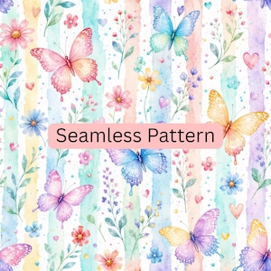 May include: A seamless pattern featuring watercolor butterflies in shades of pink, blue, yellow, and purple, interspersed with delicate floral sprigs, small hearts, and dots over vertical pastel stripes with the text Seamless Pattern.