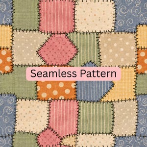 Puede incluir: Un patrón sin costuras que presenta un diseño de patchwork de varios cuadrados de tela en tonos rosa, azul, verde, naranja y crema. Los cuadrados muestran lunares, rayas y motivos de remolinos, unidos por bordes cosidos negros visibles. El texto dice Seamless Pattern.