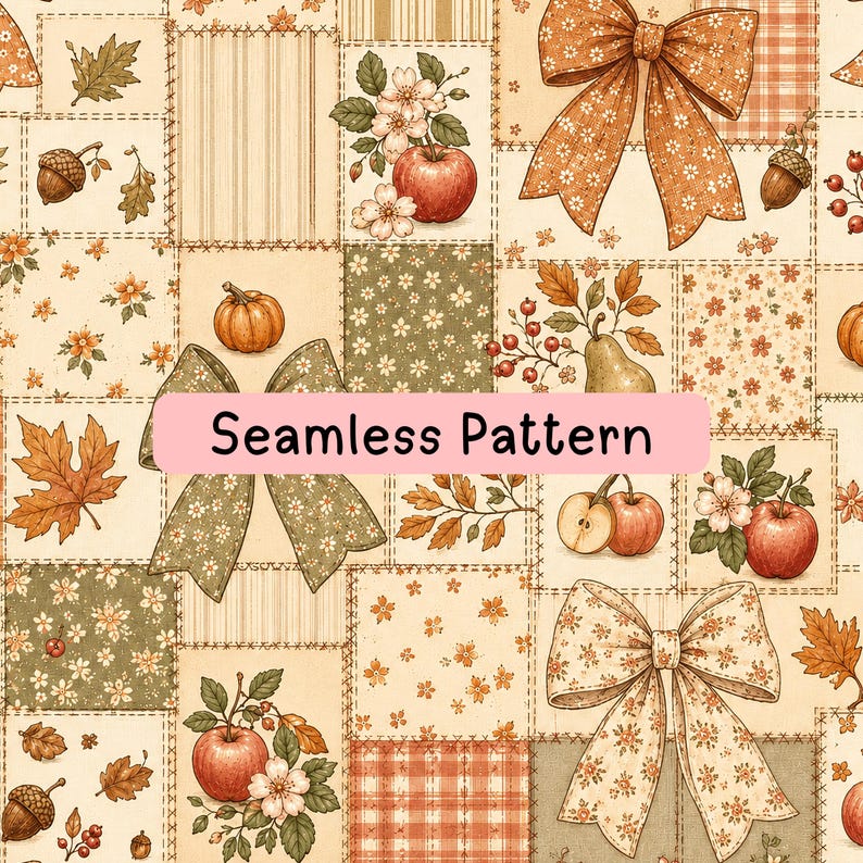K&ouml;nnte beinhalten: Ein nahtloses Muster mit einem Patchwork-Design aus cremefarbenen, orangefarbenen und gr&uuml;nen Quadraten. Der Druck enth&auml;lt Illustrationen von roten &Auml;pfeln, K&uuml;rbissen, Eicheln, Beeren, Herbstbl&auml;ttern und dekorativen Schleifen mit dem Text Seamless Pattern.