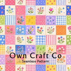 Preppy bloemenpatchwork naadloos patroon PNG, kleurrijk botanisch patroon voor stof en scrapbook, speels quilt digitaal papier