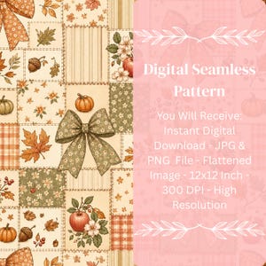 K&ouml;nnte beinhalten: Ein nahtloses digitales Muster mit einem Patchwork-Design aus herbstlichen Elementen wie orangefarbenen K&uuml;rbissen, braunen Eicheln, roten &Auml;pfeln und Herbstbl&auml;ttern. Der Text lautet: Digital Seamless Pattern, You Will Receive: Instant Digital Download - JPG & PNG File - Flattened Image - 30,48x30,48 cm - 300 DPI - High Resolution.