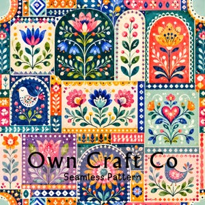 May include: A seamless pattern featuring a grid of rectangular and arched panels filled with colorful floral motifs, stylized birds, and geometric borders. The design includes vibrant shades of blue, red, yellow, and green with the text Own Craft Co Seamless Pattern.