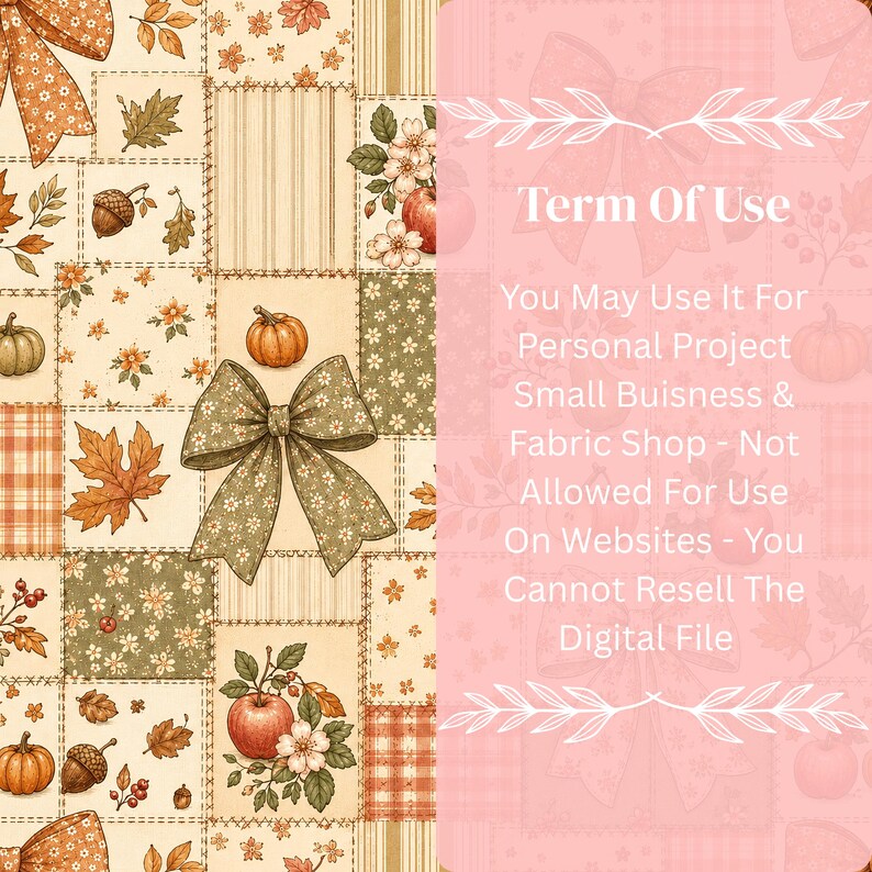 K&ouml;nnte beinhalten: Ein digitales Muster mit einem Patchwork-Design aus Herbstmotiven wie K&uuml;rbissen, Eicheln, Ahornbl&auml;ttern und Blumen in Orange-, Gr&uuml;n- und Cremet&ouml;nen. Ein rosafarbenes Feld auf der rechten Seite zeigt wei&szlig;en Text mit den Nutzungsbedingungen.