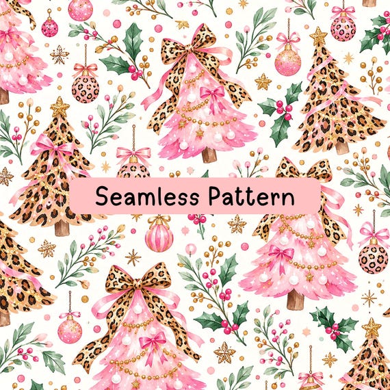 Pink Leopard Christmas Seamless Pattern, Coquette Bow Christmas Tree Digital Paper, Watercolor Holiday Fabric Print, Girly Gift Wrap Pattern