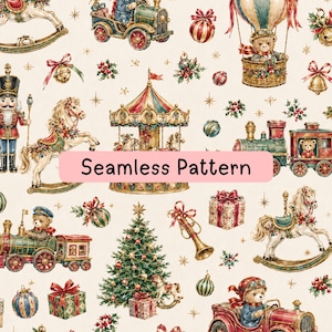 Könnte beinhalten: Ein nahtloses Muster mit weihnachtlichen Illustrationen im Vintage-Stil auf cremefarbenem Hintergrund. Zu sehen sind ein Karussell, Schaukelpferde, Teddybären in Fahrzeugen, ein Nussknacker, ein Weihnachtsbaum, Geschenke und Kugeln.