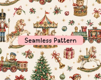 Vintage Christmas Toys Seamless Pattern, Rocking Horse Teddy Bear Digital Paper, Nutcracker Carousel Fabric Wrapping Sublimation Backgrounds