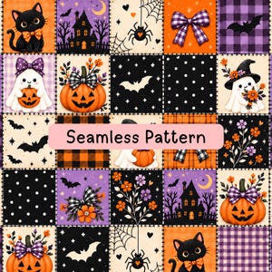 May include: A seamless pattern featuring a grid of Halloween-themed squares. Illustrations include black cats, jack-o'-lanterns, ghosts, haunted houses, bats, spiders, and floral motifs in orange, purple, black, and white. The text Seamless Pattern is centered.