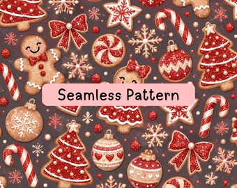 Christmas Gingerbread Seamless Pattern, Red Glittery Holiday Digital Paper, Candy Cane Cookie Fabric Sublimation Background, Festive PNG JPG