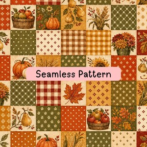Puede incluir: Un patrón continuo que presenta una cuadrícula de cuadrados con ilustraciones de temática otoñal, incluyendo calabazas, peras, manzanas en cestas, tallos de trigo, girasoles, hojas de arce y motivos florales en tonos naranja, rojo, verde y crema.