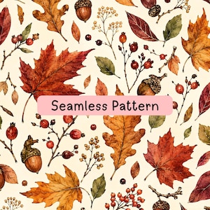 Può includere: Un motivo continuo con illustrazioni ad acquerello di foglie autunnali, ghiande e bacche rosse su sfondo color crema. Un'etichetta rettangolare rosa al centro mostra il testo nero Seamless Pattern.