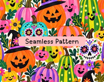 Buntes Halloween-Kürbis-Nahtlosmuster, verspieltes Jack-o'-Lanterns-Digitalpapier, Hexenhut-Blumenstoff-Sublimationshintergrund (PNG/JPG)