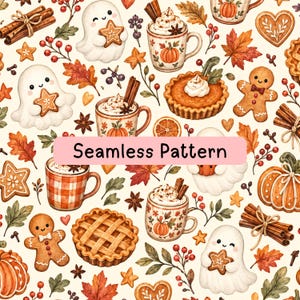 May include: A seamless pattern featuring white ghosts holding star-shaped cookies, mugs of hot drinks with cinnamon sticks, gingerbread people, pumpkin pies, orange autumn leaves, berries, and star anise on a cream background with the text Seamless Pattern.