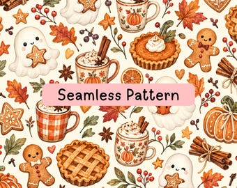 Cute Fall Ghost Seamless Pattern, Pumpkin Spice Autumn Digital Paper, Cozy Halloween Watercolor, Pumpkin Pie Fabric Sublimation PNG JPG File