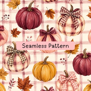 May include: A seamless pattern featuring various pumpkins in shades of deep red, orange, and cream, accented with plaid bows and autumn leaves. The background consists of a light cream and red plaid grid. The text Seamless Pattern is centered.