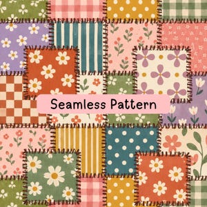 Puede incluir: Un diseño de patchwork que presenta una variedad de cuadrados con patrones florales, de lunares, rayas y cuadros en tonos naranja, verde, amarillo, rosa y azul, con bordes cosidos en marrón oscuro y el texto Seamless Pattern en el centro.