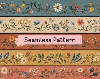Rustic Wildflower Seamless Pattern, Cottagecore Floral Digital Paper, Vintage Folk Art Fabric, Farmhouse Sublimation Background PNG JPG Tile