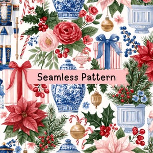 May include: A seamless pattern featuring watercolour illustrations of blue and white ginger jars, red poinsettias, pink roses, holly berries, candy canes, gold ornaments, gift boxes with ribbons, and nutcrackers on a white background.