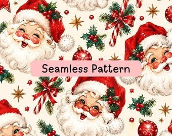 Vintage Santa Seamless Pattern, Vintage Christmas Digital Paper, Candy Cane Holly Ornament Fabric Print, Sublimation, Wrapping Paper PNG JPG