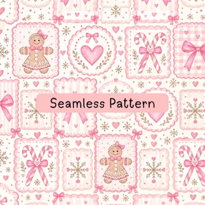 May include: A seamless pattern featuring repeating rectangular and circular frames on a white background. The design includes gingerbread people, candy canes, pink bows, hearts, and snowflakes in shades of pink, white, and light brown.