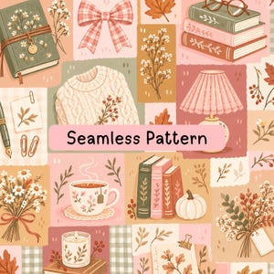 Könnte beinhalten: Ein nahtloses Muster mit Illustrationen von Büchern, einem Pullover, einer Lampe, einer Teetasse, einer Kerze, Blumen, einem Kürbis und einer Schleife. Der Text Seamless Pattern ist in einem rosa Rechteck zentriert. Die Farbpalette umfasst Rosa, Grün und Braun.