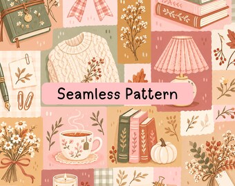 Cozy Autumn Seamless Pattern, Cottagecore Fall Digital Paper, Books Bows Sweater Tea Pumpkin Florals, Fabric Sublimation Background, PNG JPG