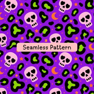 May include: A seamless pattern featuring light pink skulls with heart-shaped eyes, black and lime green leopard print spots, orange crescent moons, and small orange stars on a vibrant purple background with the text Seamless Pattern.