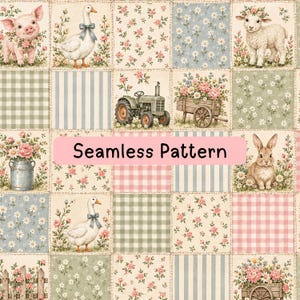 May include: A seamless pattern featuring a grid of squares with illustrations of a piglet, a goose with a blue bow, a lamb with a flower crown, a rabbit, a green tractor, a wooden cart with flowers, a milk can, and floral motifs.